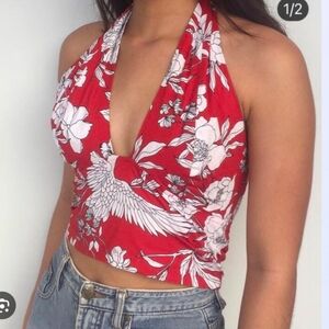 Express Red and White Floral Halter Tank Top Size:M